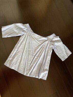 Ann Taylor Blue and White Striped Off-Shoulder Tunic